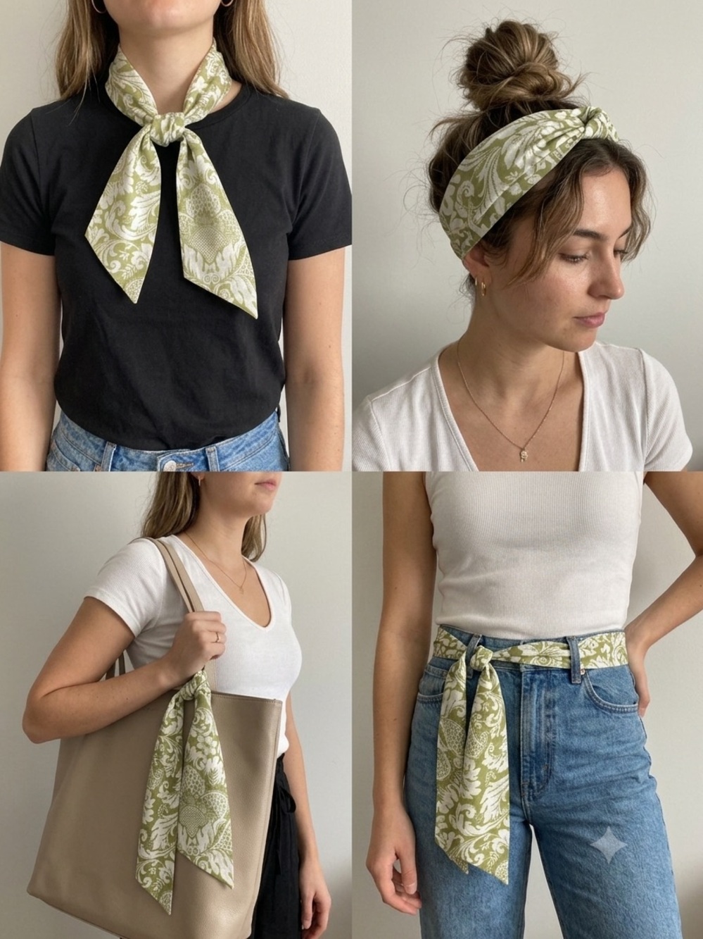 Olive Green and White Printed Scarf, Neck Scarf, Belt, Handbag or Hair Accessory